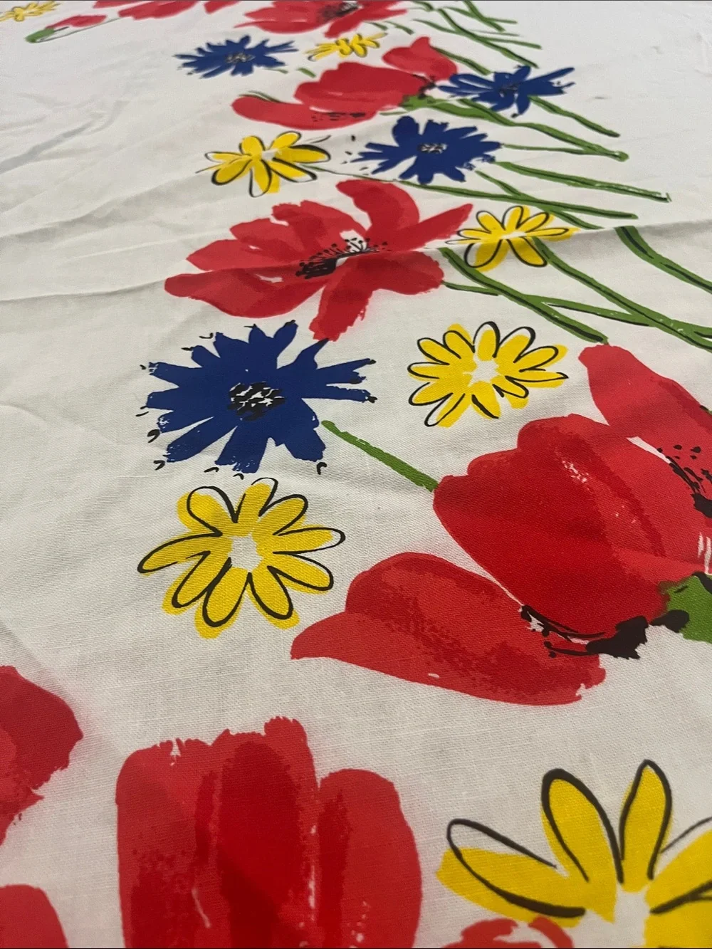 Vera Bright Floral Border Cotton Tablecloth in Red, Blue & Yellow